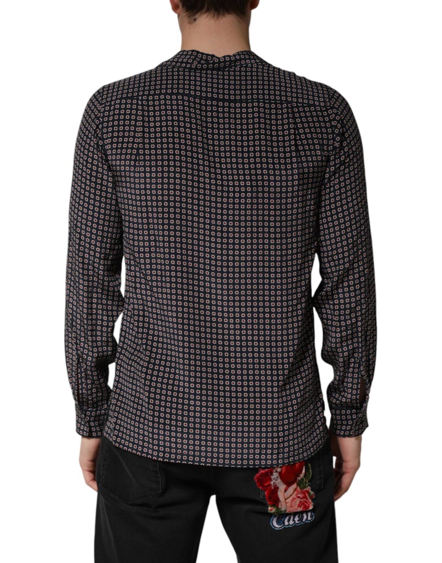 Black Patterned Silk Men Button Down Shirt