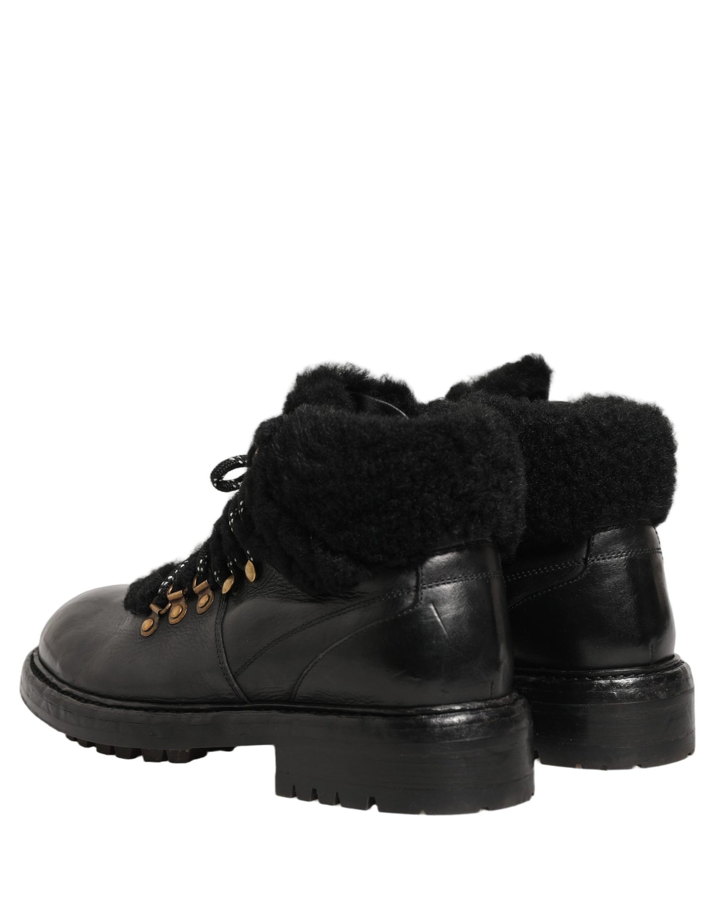 Black Trekking Fur Lace Leather Boots Shoes
