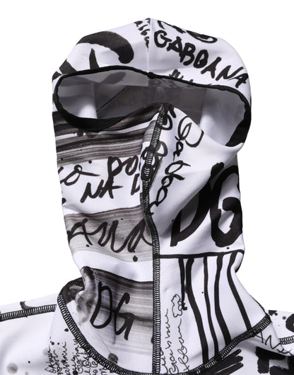 White Jersey Graffiti Print Balaclava Hood Sweater
