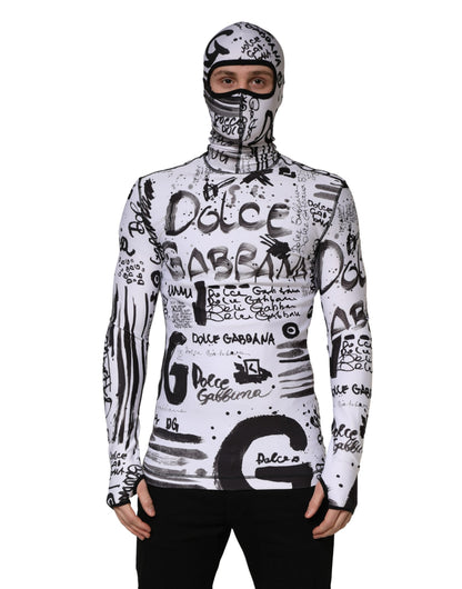 White Jersey Graffiti Print Balaclava Hood Sweater