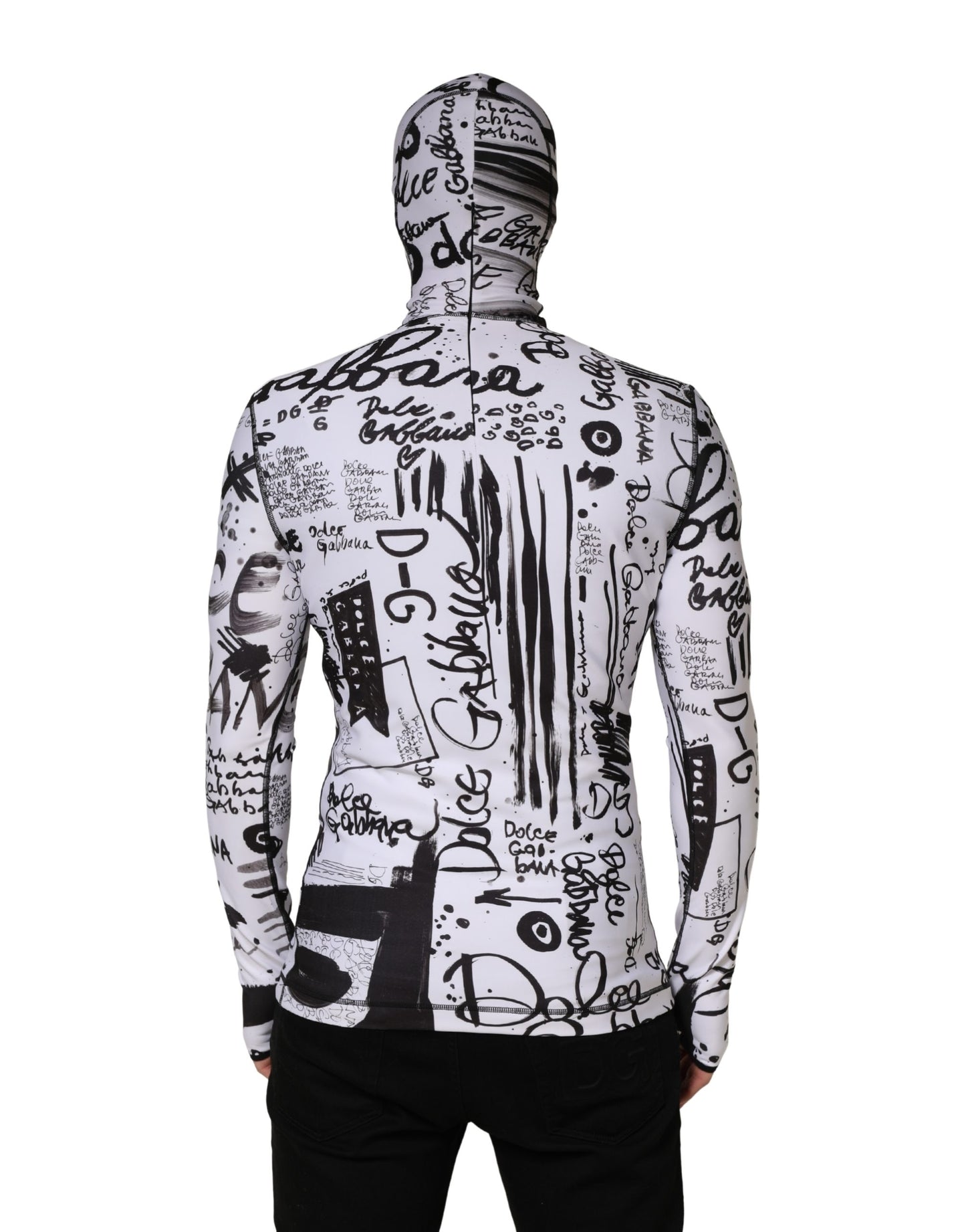 White Jersey Graffiti Print Balaclava Hood Sweater