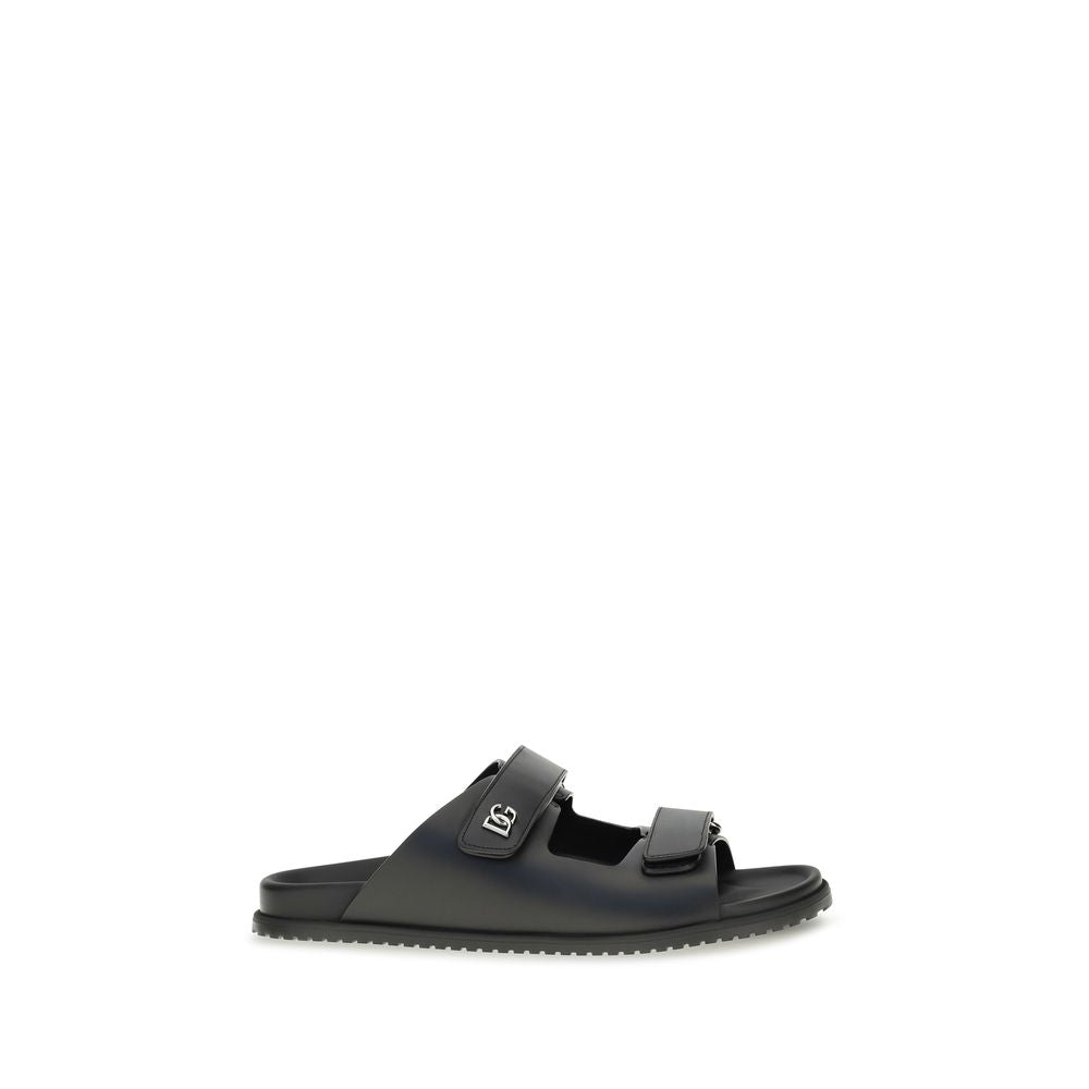 Black Calf Leather Bos Taurus Flat Sandals