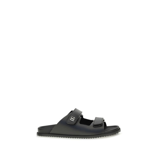 Black Calf Leather Bos Taurus Flat Sandals