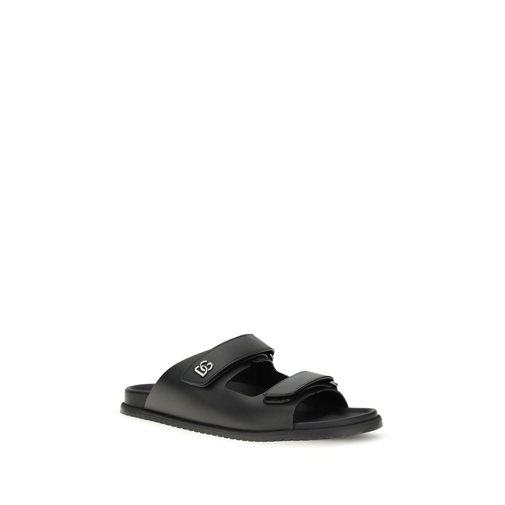 Black Calf Leather Bos Taurus Flat Sandals