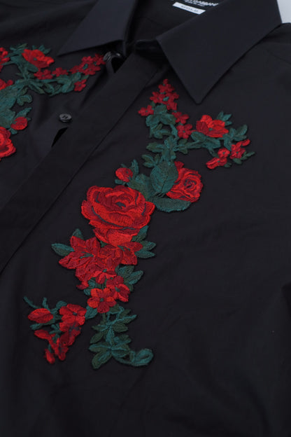 Black Floral Embroidery Men Long Sleeves GOLD Shirt