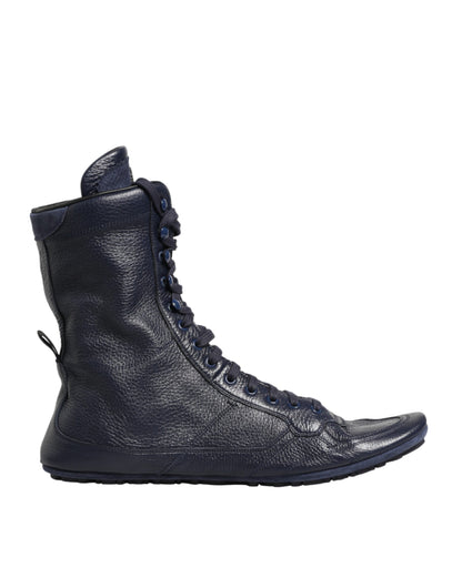 Dark Blue Deer Leather Mid Calf Boots Shoes