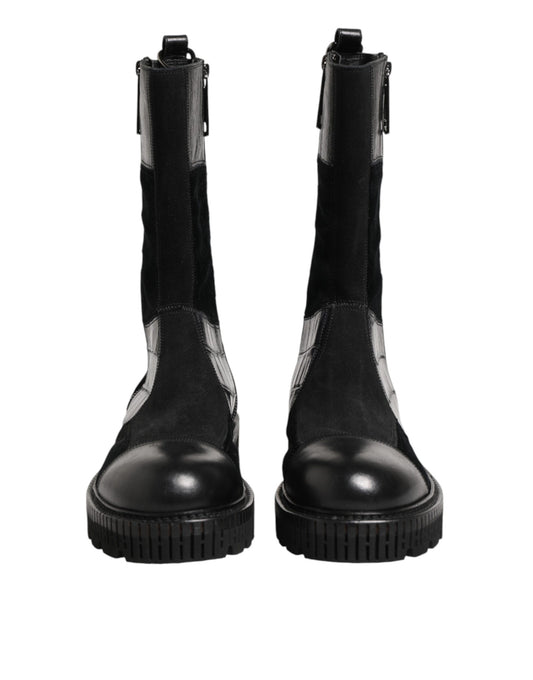 Black Patchwork Leather Mid Calf Boot  Shoes